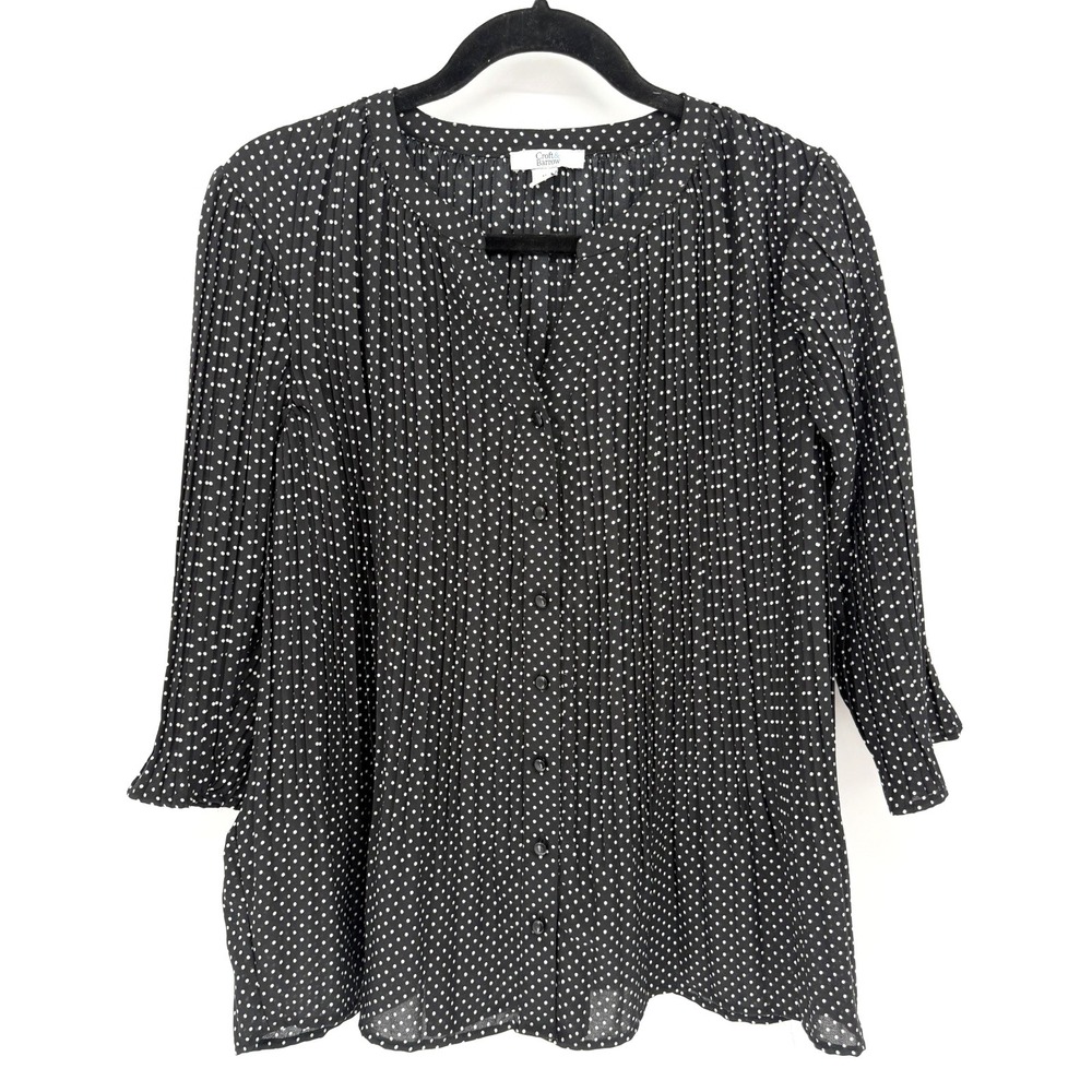 Croft & Barrow Smocked Blouse Med Black White Polka Dot Relaxed Flowy Officecore